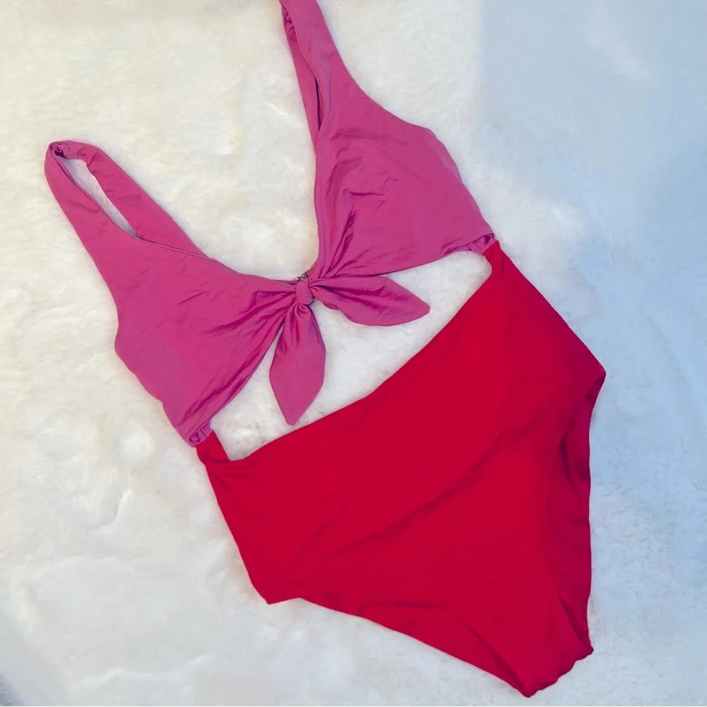 ZARA pink and‎ red cutout one piece swimsuit bikini size S